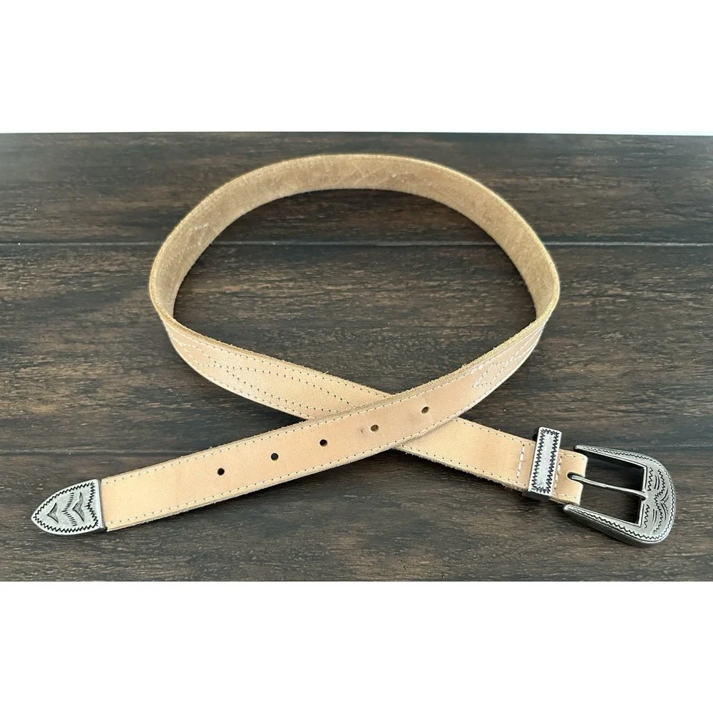 Vintage Western Genuine Leather Belt Tan Engraved Buckle Tip‎ Keeper 34 36 USA